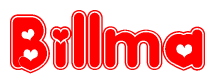 The image is a red and white graphic with the word Billma written in a decorative script. Each letter in  is contained within its own outlined bubble-like shape. Inside each letter, there is a white heart symbol.