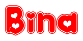 The image is a red and white graphic with the word Bina written in a decorative script. Each letter in  is contained within its own outlined bubble-like shape. Inside each letter, there is a white heart symbol.
