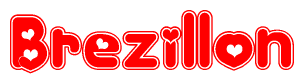 The image is a clipart featuring the word Brezillon written in a stylized font with a heart shape replacing inserted into the center of each letter. The color scheme of the text and hearts is red with a light outline.