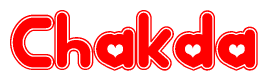 The image is a red and white graphic with the word Chakda written in a decorative script. Each letter in  is contained within its own outlined bubble-like shape. Inside each letter, there is a white heart symbol.