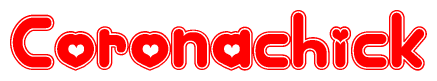 The image is a clipart featuring the word Coronachick written in a stylized font with a heart shape replacing inserted into the center of each letter. The color scheme of the text and hearts is red with a light outline.