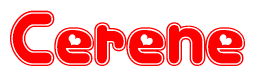 The image is a red and white graphic with the word Cerene written in a decorative script. Each letter in  is contained within its own outlined bubble-like shape. Inside each letter, there is a white heart symbol.