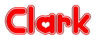 The image is a red and white graphic with the word Clark written in a decorative script. Each letter in  is contained within its own outlined bubble-like shape. Inside each letter, there is a white heart symbol.