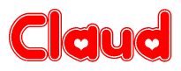 The image is a red and white graphic with the word Claud written in a decorative script. Each letter in  is contained within its own outlined bubble-like shape. Inside each letter, there is a white heart symbol.