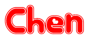 The image is a red and white graphic with the word Chen written in a decorative script. Each letter in  is contained within its own outlined bubble-like shape. Inside each letter, there is a white heart symbol.