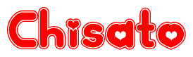 The image is a red and white graphic with the word Chisato written in a decorative script. Each letter in  is contained within its own outlined bubble-like shape. Inside each letter, there is a white heart symbol.