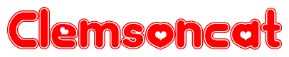 The image is a red and white graphic with the word Clemsoncat written in a decorative script. Each letter in  is contained within its own outlined bubble-like shape. Inside each letter, there is a white heart symbol.