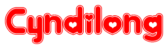 The image is a red and white graphic with the word Cyndilong written in a decorative script. Each letter in  is contained within its own outlined bubble-like shape. Inside each letter, there is a white heart symbol.