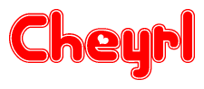 The image is a red and white graphic with the word Cheyrl written in a decorative script. Each letter in  is contained within its own outlined bubble-like shape. Inside each letter, there is a white heart symbol.