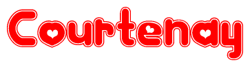 The image is a red and white graphic with the word Courtenay written in a decorative script. Each letter in  is contained within its own outlined bubble-like shape. Inside each letter, there is a white heart symbol.