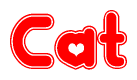 The image is a clipart featuring the word Cat written in a stylized font with a heart shape replacing inserted into the center of each letter. The color scheme of the text and hearts is red with a light outline.