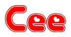 The image is a red and white graphic with the word Cee written in a decorative script. Each letter in  is contained within its own outlined bubble-like shape. Inside each letter, there is a white heart symbol.