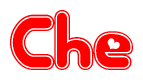 The image is a red and white graphic with the word Che written in a decorative script. Each letter in  is contained within its own outlined bubble-like shape. Inside each letter, there is a white heart symbol.