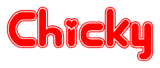 The image is a red and white graphic with the word Chicky written in a decorative script. Each letter in  is contained within its own outlined bubble-like shape. Inside each letter, there is a white heart symbol.