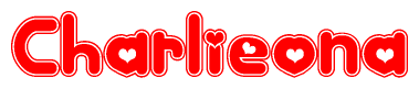 The image is a red and white graphic with the word Charlieona written in a decorative script. Each letter in  is contained within its own outlined bubble-like shape. Inside each letter, there is a white heart symbol.