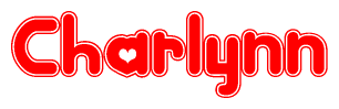 The image is a red and white graphic with the word Charlynn written in a decorative script. Each letter in  is contained within its own outlined bubble-like shape. Inside each letter, there is a white heart symbol.