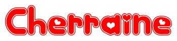 The image is a red and white graphic with the word Cherraine written in a decorative script. Each letter in  is contained within its own outlined bubble-like shape. Inside each letter, there is a white heart symbol.