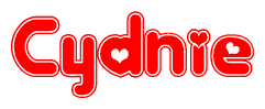 The image is a red and white graphic with the word Cydnie written in a decorative script. Each letter in  is contained within its own outlined bubble-like shape. Inside each letter, there is a white heart symbol.