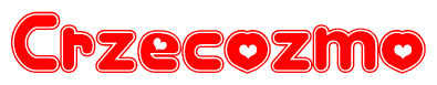 The image is a red and white graphic with the word Crzecozmo written in a decorative script. Each letter in  is contained within its own outlined bubble-like shape. Inside each letter, there is a white heart symbol.