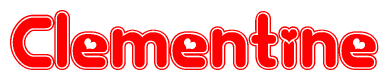 The image is a red and white graphic with the word Clementine written in a decorative script. Each letter in  is contained within its own outlined bubble-like shape. Inside each letter, there is a white heart symbol.