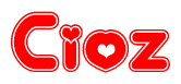 The image is a red and white graphic with the word Cioz written in a decorative script. Each letter in  is contained within its own outlined bubble-like shape. Inside each letter, there is a white heart symbol.