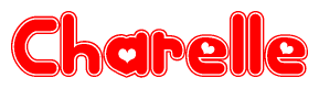 The image is a red and white graphic with the word Charelle written in a decorative script. Each letter in  is contained within its own outlined bubble-like shape. Inside each letter, there is a white heart symbol.