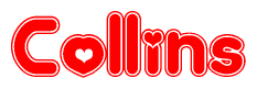The image is a red and white graphic with the word Collins written in a decorative script. Each letter in  is contained within its own outlined bubble-like shape. Inside each letter, there is a white heart symbol.