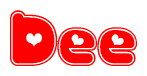 The image is a red and white graphic with the word Dee written in a decorative script. Each letter in  is contained within its own outlined bubble-like shape. Inside each letter, there is a white heart symbol.
