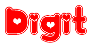 The image is a red and white graphic with the word Digit written in a decorative script. Each letter in  is contained within its own outlined bubble-like shape. Inside each letter, there is a white heart symbol.