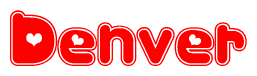 The image is a clipart featuring the word Denver written in a stylized font with a heart shape replacing inserted into the center of each letter. The color scheme of the text and hearts is red with a light outline.