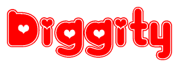 The image is a red and white graphic with the word Diggity written in a decorative script. Each letter in  is contained within its own outlined bubble-like shape. Inside each letter, there is a white heart symbol.