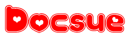 The image is a clipart featuring the word Docsue written in a stylized font with a heart shape replacing inserted into the center of each letter. The color scheme of the text and hearts is red with a light outline.