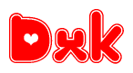 The image displays the word Dxk written in a stylized red font with hearts inside the letters.