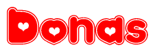 The image displays the word Donas written in a stylized red font with hearts inside the letters.
