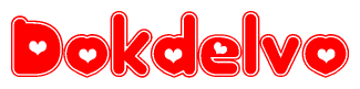The image is a red and white graphic with the word Dokdelvo written in a decorative script. Each letter in  is contained within its own outlined bubble-like shape. Inside each letter, there is a white heart symbol.