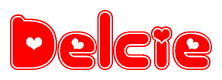 The image is a red and white graphic with the word Delcie written in a decorative script. Each letter in  is contained within its own outlined bubble-like shape. Inside each letter, there is a white heart symbol.