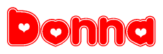 The image is a clipart featuring the word Donna written in a stylized font with a heart shape replacing inserted into the center of each letter. The color scheme of the text and hearts is red with a light outline.