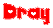 The image is a clipart featuring the word Dray written in a stylized font with a heart shape replacing inserted into the center of each letter. The color scheme of the text and hearts is red with a light outline.