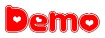 The image is a red and white graphic with the word Demo written in a decorative script. Each letter in  is contained within its own outlined bubble-like shape. Inside each letter, there is a white heart symbol.