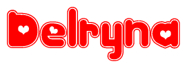 The image is a clipart featuring the word Delryna written in a stylized font with a heart shape replacing inserted into the center of each letter. The color scheme of the text and hearts is red with a light outline.
