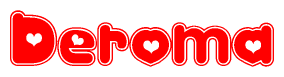 The image is a clipart featuring the word Deroma written in a stylized font with a heart shape replacing inserted into the center of each letter. The color scheme of the text and hearts is red with a light outline.