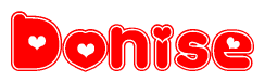 The image is a clipart featuring the word Donise written in a stylized font with a heart shape replacing inserted into the center of each letter. The color scheme of the text and hearts is red with a light outline.