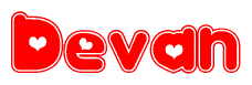 The image is a clipart featuring the word Devan written in a stylized font with a heart shape replacing inserted into the center of each letter. The color scheme of the text and hearts is red with a light outline.