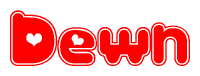 The image is a clipart featuring the word Dewn written in a stylized font with a heart shape replacing inserted into the center of each letter. The color scheme of the text and hearts is red with a light outline.