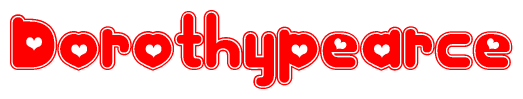   The image is a red and white graphic with the word Dorothypearce written in a decorative script. Each letter in  is contained within its own outlined bubble-like shape. Inside each letter, there is a white heart symbol. 