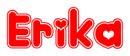 The image is a red and white graphic with the word Erika written in a decorative script. Each letter in  is contained within its own outlined bubble-like shape. Inside each letter, there is a white heart symbol.