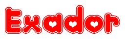 The image is a clipart featuring the word Exador written in a stylized font with a heart shape replacing inserted into the center of each letter. The color scheme of the text and hearts is red with a light outline.