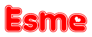 The image is a red and white graphic with the word Esme written in a decorative script. Each letter in  is contained within its own outlined bubble-like shape. Inside each letter, there is a white heart symbol.