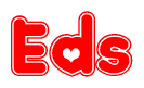 The image is a red and white graphic with the word Eds written in a decorative script. Each letter in  is contained within its own outlined bubble-like shape. Inside each letter, there is a white heart symbol.