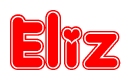 The image is a red and white graphic with the word Eliz written in a decorative script. Each letter in  is contained within its own outlined bubble-like shape. Inside each letter, there is a white heart symbol.